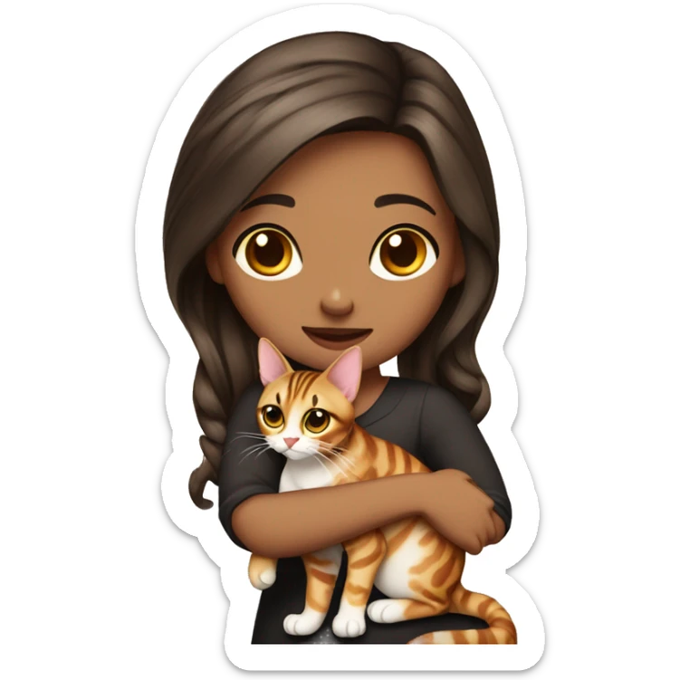 Beautiful skinny hot woman long dark brown hair in dress hug bengal cat sticker