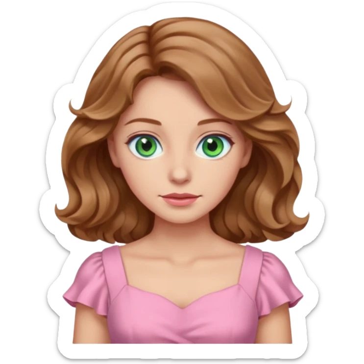 A woman has beige skin, wavy light brown hair, green-blu eyes, she wears pink dress  sticker