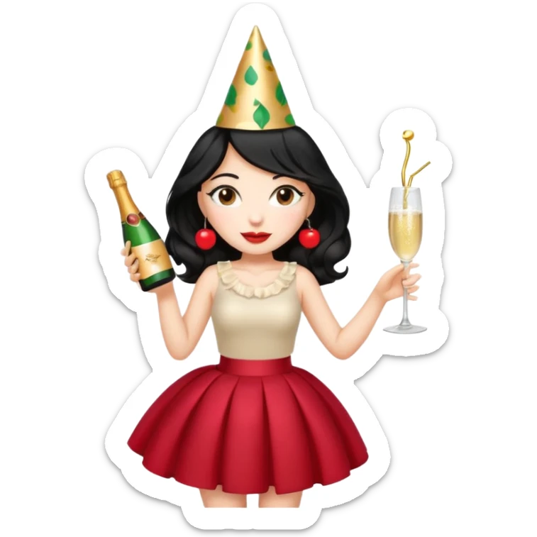A woman with wavy black hair in a cherry skirt, beautiful and authoritative, drinking champagne sticker