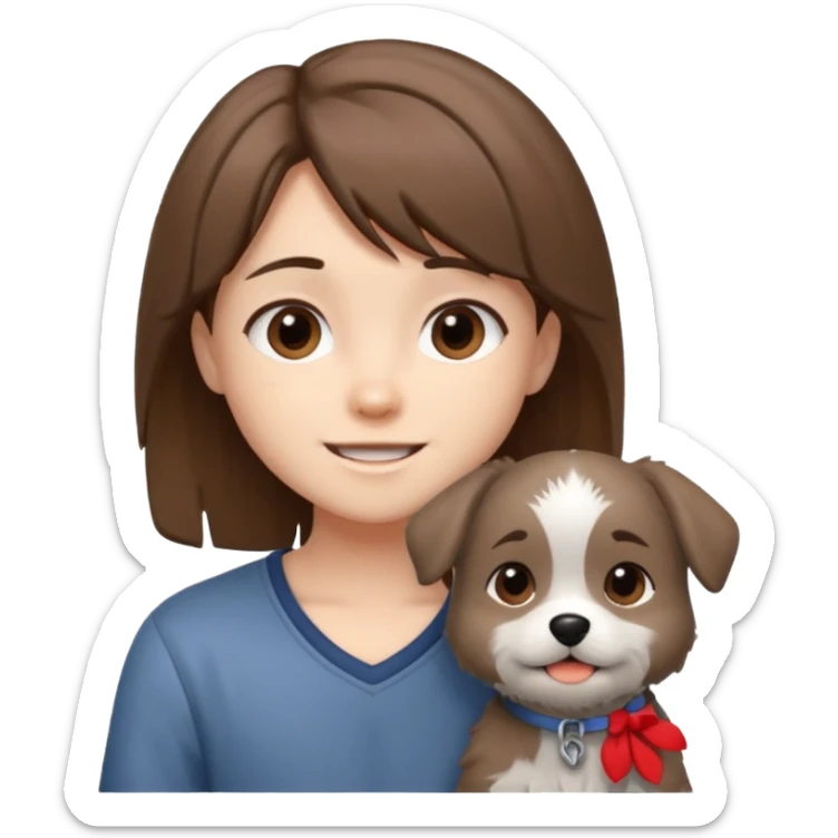 chibi teen with brown hair and her grey dog whos scruffy sticker