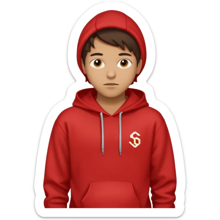 make me an emoji of an americain 19 yearold boy in a red hoodie that says "south" on it and give him with tan skin with his hands in his hands in his pocket not grining flexing his muscles sticker