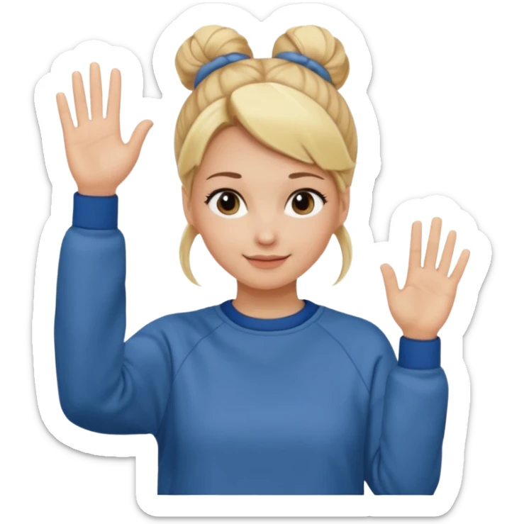 blonde woman with bun in casual clothes and sweat shirt waving sticker
