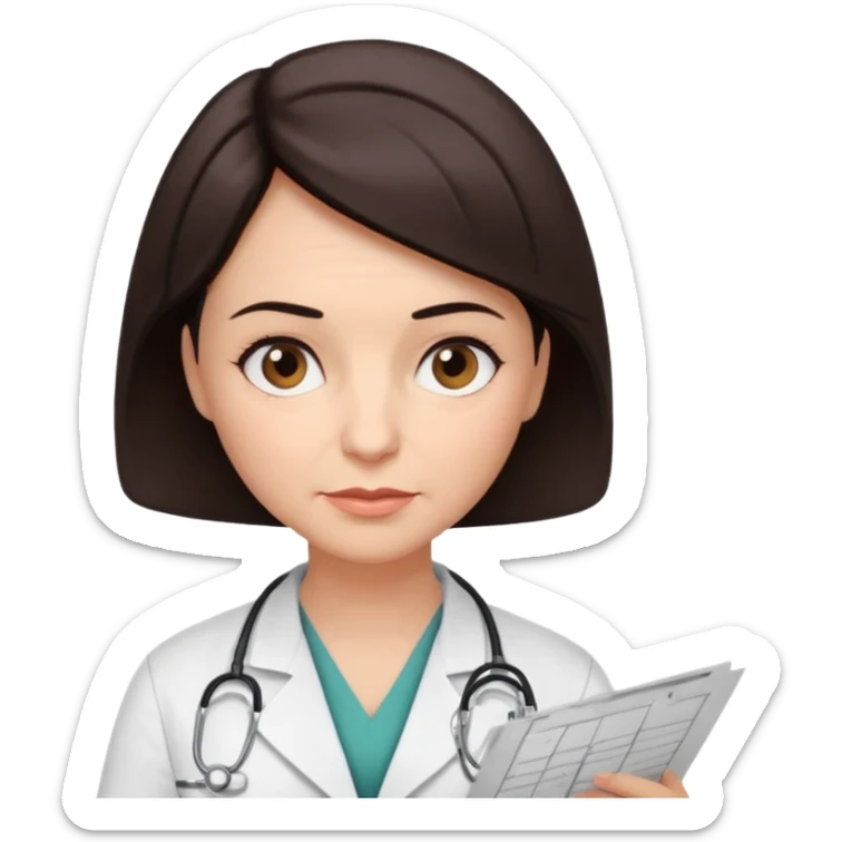 A female doctor in her 50s with visible facial wrinkles, dark brown short bob hair, looking down at and focusing on a medical chart. sticker