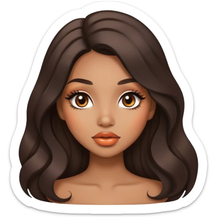Glamourous, light brown skin tone, very beautiful girl, with big plump peach-beige lips, long long lashes, black wavy smooth long hair, straight parting hair, brown eyes sticker