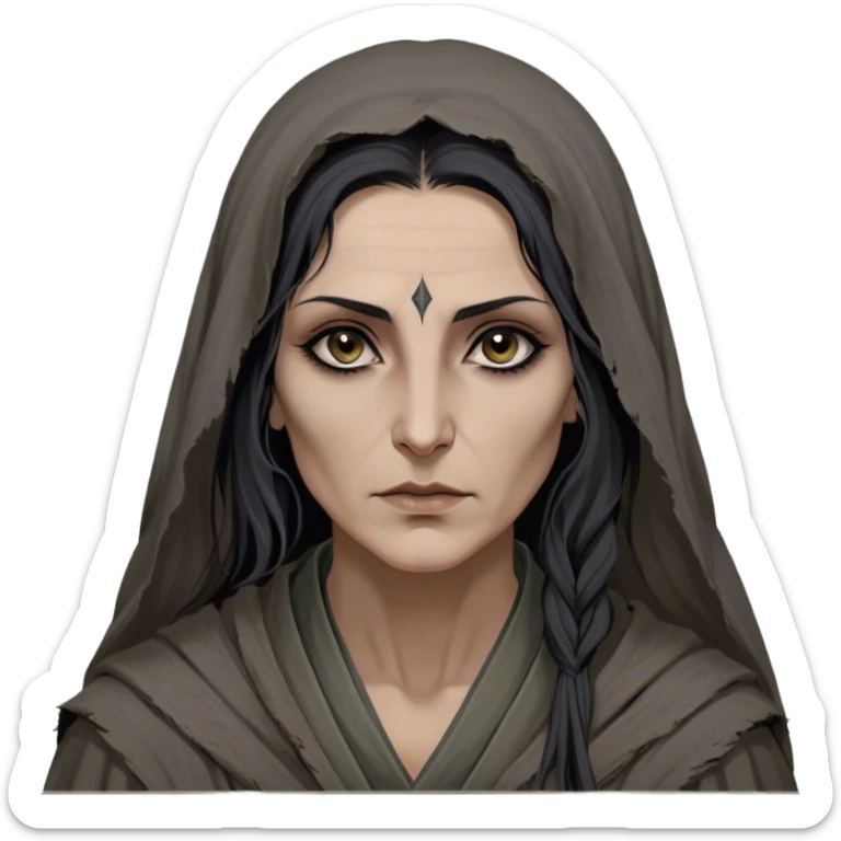 Mirri Maz Duur is a weathered, age 45 Lhazareen woman with deep-set dark eyes, high cheekbones, and a sharp nose, giving her a stern, knowing expression. Her long, unkempt dark hair streaked with gray falls loosely over her shoulders, and her earth-toned, tattered robes mark her as a humble healer. Despite her frail appearance, she exudes an aura of mystery and menace, her hands stained with herbs and blood from both healing and dark sorcery. sticker