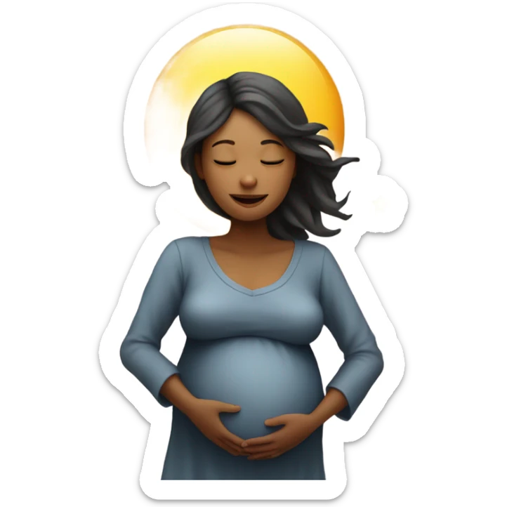 is a emoji of a pregnant woman with 12 star above her head, a shirt with the simbol of a emoji sun and a moon under the pregnant woman sticker