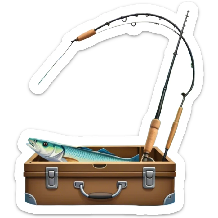 Icon for Fishing Travel: a boat on a calm lake surrounded by mountains and lush greenery, with fish jumping out of the water, a fishing rod, tackle box. The icon should capture the peaceful and adventurous nature of fishing trips. Transparent background. sticker