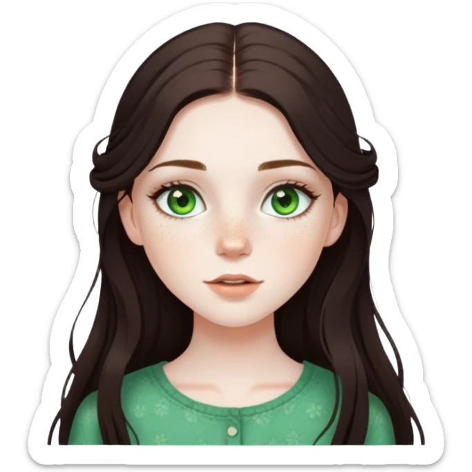 pretty girl with pale skin, freckles, green eyes, long lashes, dark brown long hair in summer styled outfit sticker