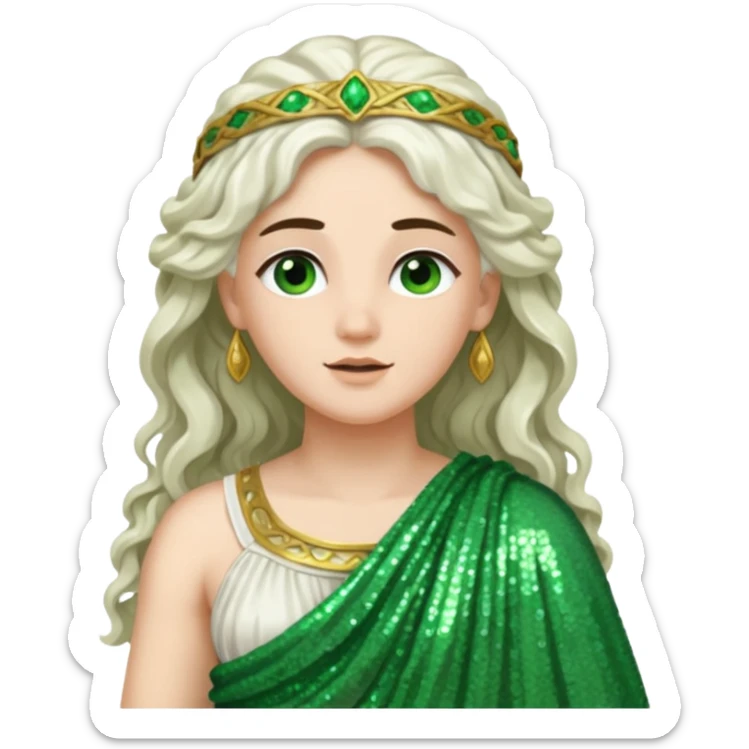 Juno, Goddess of Marriage from Roman Deities with long white brunette wavy hair, green sequin toga sticker