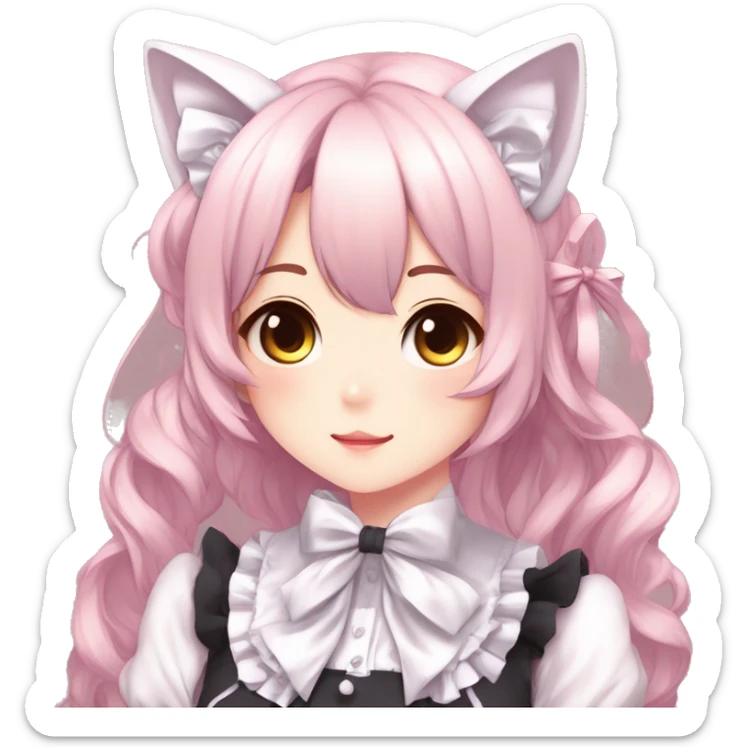 Gorgeous anime style catgirl with blushing face with maid outfit bow tie idol model kawaiicore pearly petite simplistic aesthetic trending style sticker