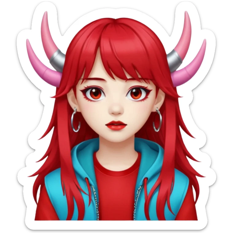  portrait-of-a-red devil-k-pop-idol,-wearing-a-stylish-streetwear-outfit-with-layered-colorful-clothing,-long-hair-with-bangs,-makeup,- sticker