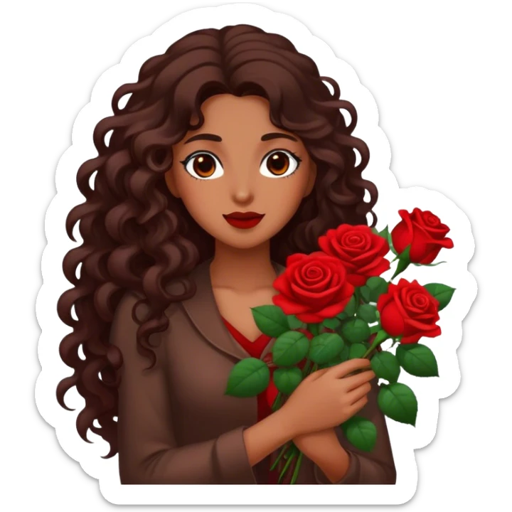 Brown woman with long curly dark brown hair holding red roses sticker