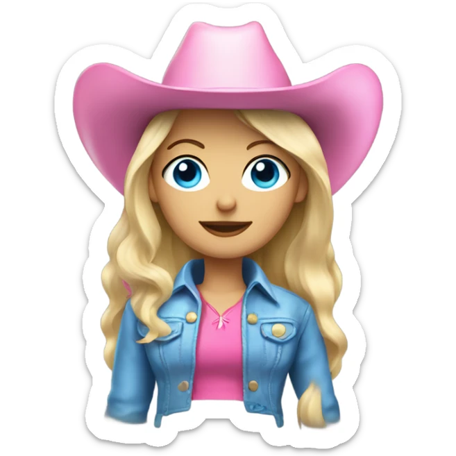 Blonde woman with blue eyes wearing pink cowboy hat and fringe jacket sticker