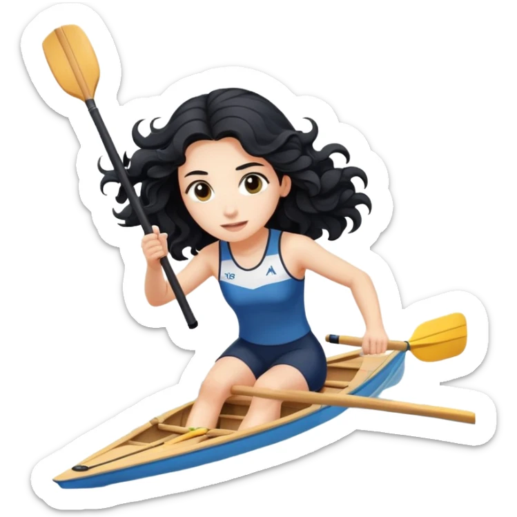girl with long black wavy hair rowing in Olympic rowing sport, with single oar sticker