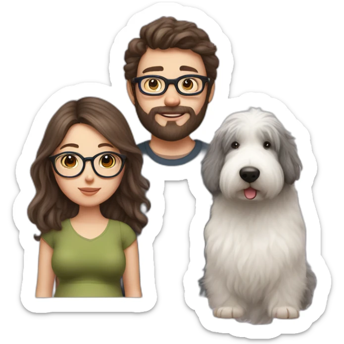 Hyperrealist pregnant girl with half long brown hair with glasses, a boy with long beard, glasses and short hair and english sheepdog sticker