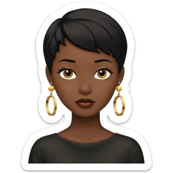 woman with black short hair and gold earring and black skin sticker