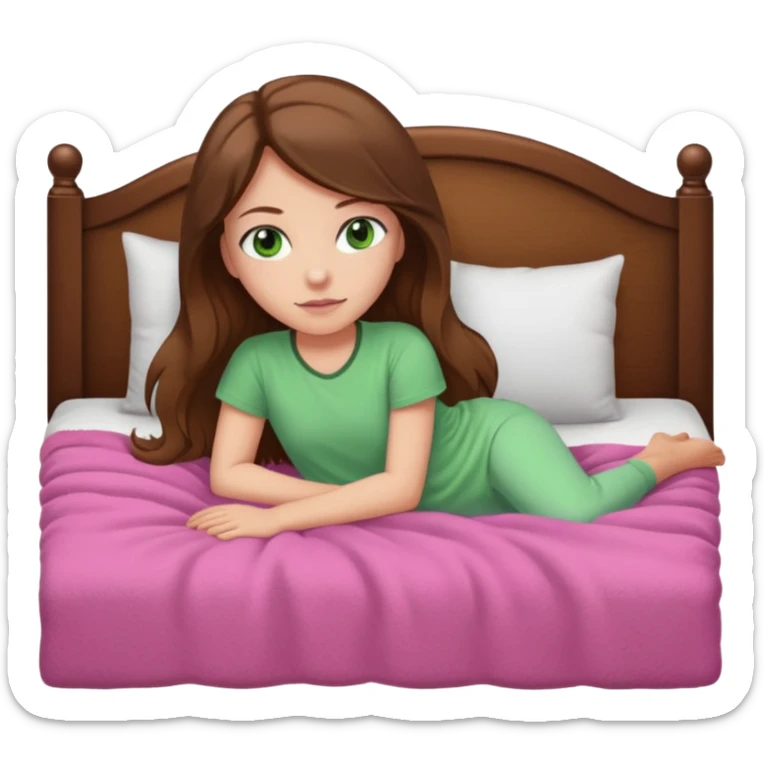 Girl with medium white skin tone and greens eyes and long brown hair laying in bed with a tan padded headboard and pink fuzzy blanket sticker