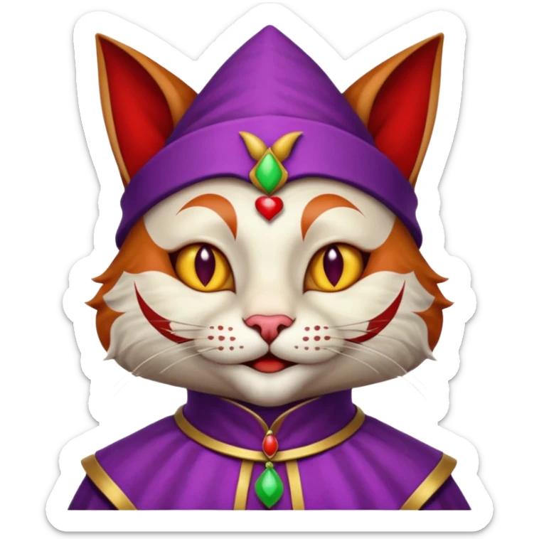 crazy colorful cute little cat jolly joker from poker, medieval, vintage, court jester, mac os icon, purple and red color, half body sticker