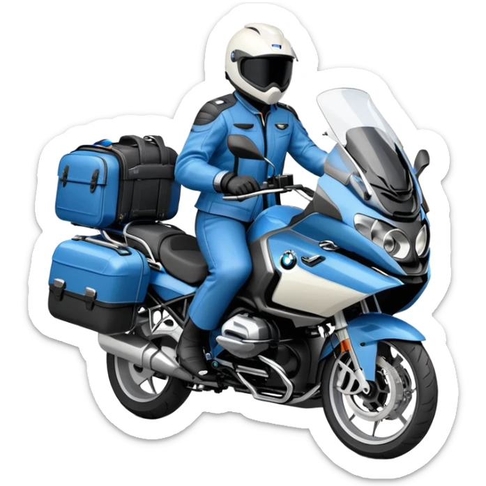 blue BMW R 1200 RT touring motorcycle with rider and luggage panniers sticker