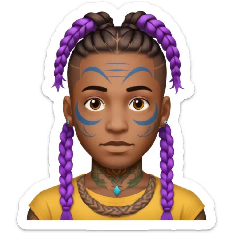 big lose braids starting from the top of the head man with mustache face wiith big visible braids and lots and lots of colored face tattoos colored tattoos like a tattoo artist hair unique color sticker