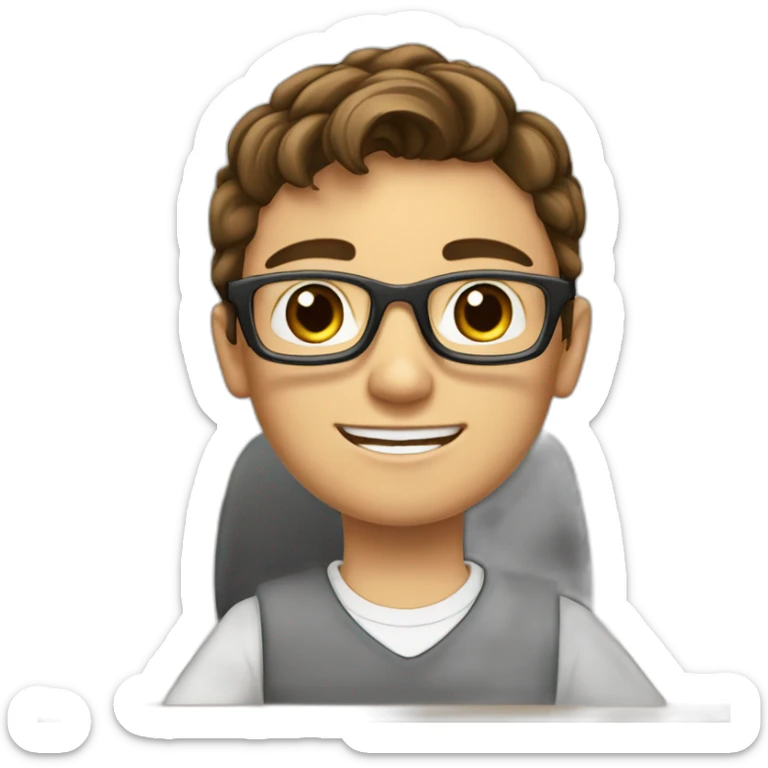 a 12-year-old boy with brown hair and gray eyes wearing glasses and a white shirt is sitting at a desk at school sticker