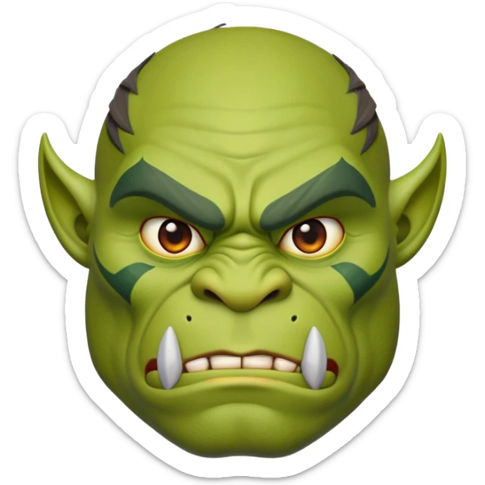 Cinematic Noble Ogre Portrait Emoji, Majestic and imposing, with a rugged, muscular form in deep earthy greens and browns, adorned with battle scars and subtle tribal markings, exuding calm, noble strength and unexpected wisdom, simplified yet strikingly detailed, glowing with a shadowy outline that captures the essence of a gentle giant with fierce heart! sticker