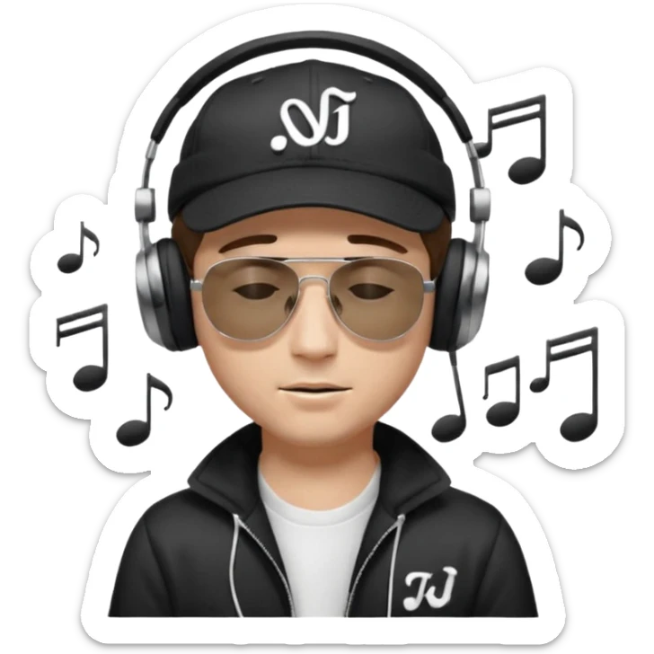 dj man white with baseball cap - rayban Sun Glasses 80s - brown hair - closed eyes with headphones on with musical note over head (listening to music ) - eyes closed no glasses - black hat  musical notes floating around head -  sticker
