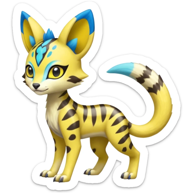 Colorful Yellow Meloetta-Sergal-Genet-Pokémon-Digimon-Fakémon-fusion-hybrid-creature with Cyan stripes and blue leopard-spot-markings  sticker