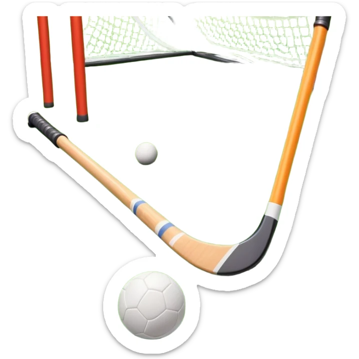 A field hockey stick and ball resting on a well-maintained green grass field, with the goalposts and markings visible in the background. The scene highlights the precision and focus of the sport, with the vibrant green pitch creating a dynamic atmosphere. sticker