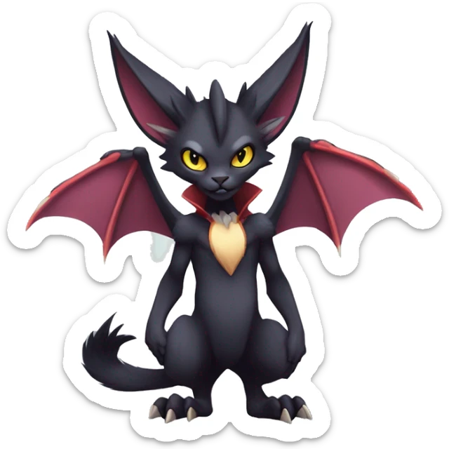 Black cool vampiric Noivern-Litten-Lykoi-Caracal-Fakemon with big bat ears full-body sticker