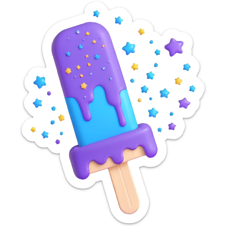 A 3D iOS style emoji of a melting popsicle with a purple and blue color scheme, surrounded by stars and sparkles. sticker