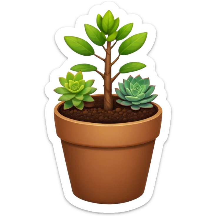 Close-up of a potted sapling in rich soil surrounded by vibrant plants and succulents. Bright sunlight filters through the window, casting soft shadows. Nearby gardening tools rest on a wooden table. Cozy indoor atmosphere with greenery and flowers. sticker
