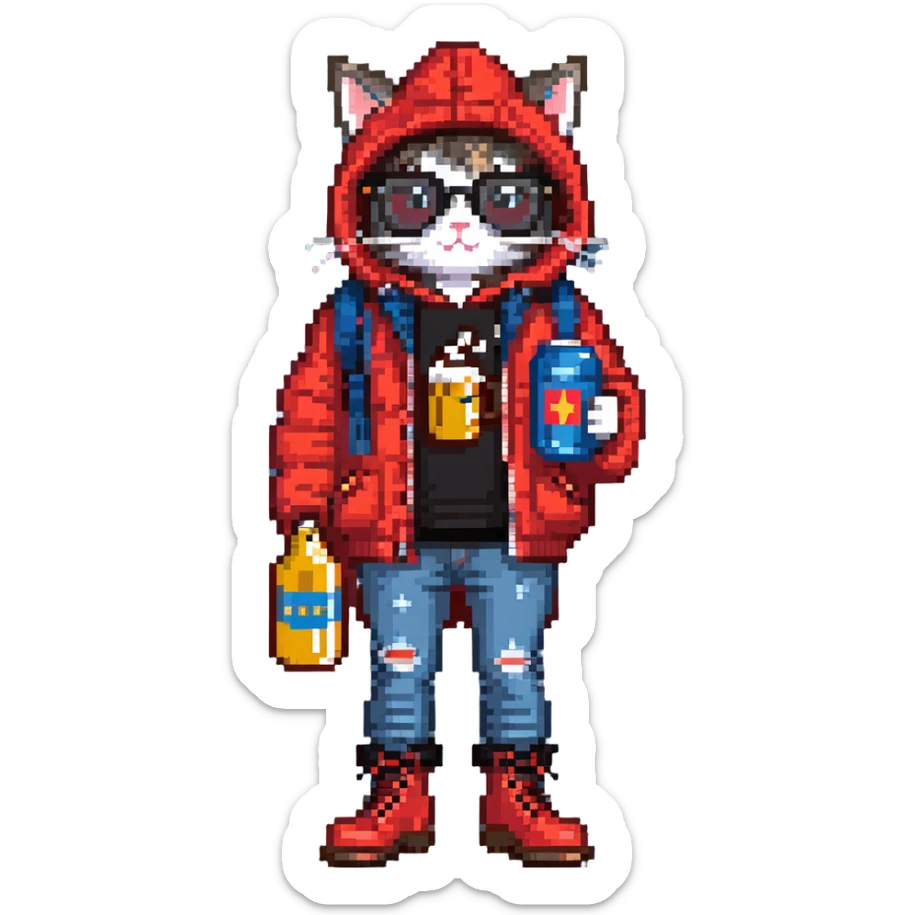 Catfish wearing red hooded winter jacket, round glasses, blue jeans, red boots, holding beer can with red label sticker