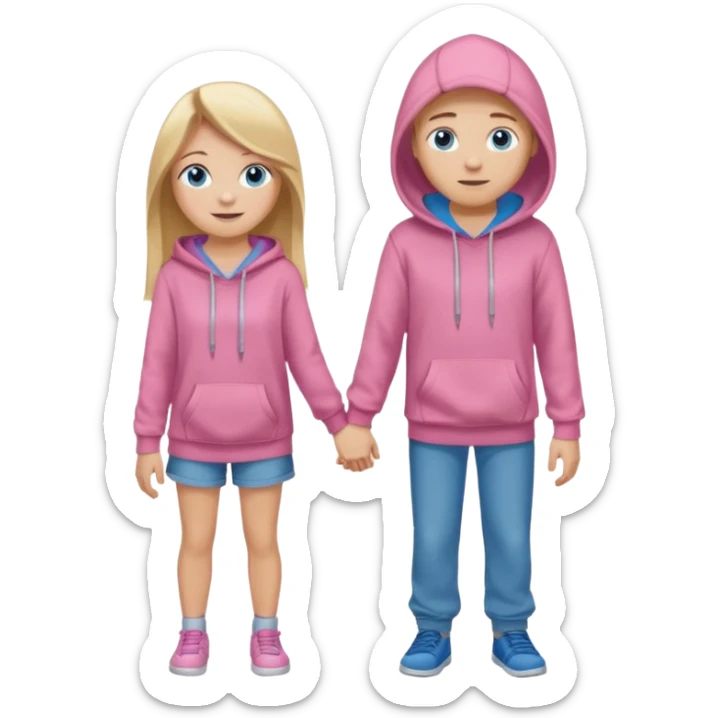 full-length happy couple, girl with long blonde hair and blue eyes in pink hoodie, boy with brown hair in gray hoodie sticker