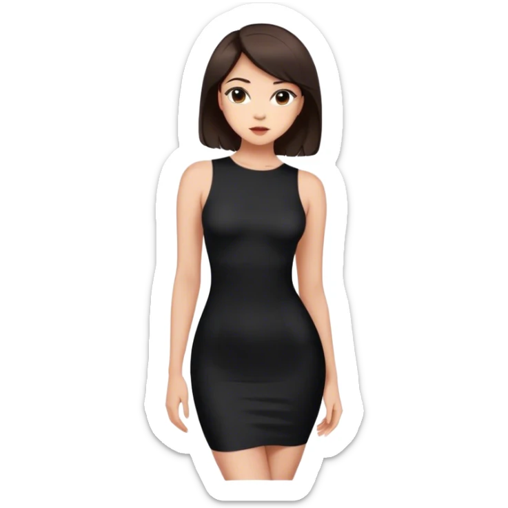 Tight and short black bodycon dress. Light skin and short dark brown hair sticker