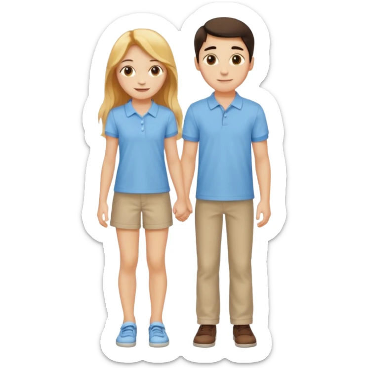 full-length happy couple, girl with long golden hair and hazel eyes in summer outfit, boy with dark hair in light blue polo sticker