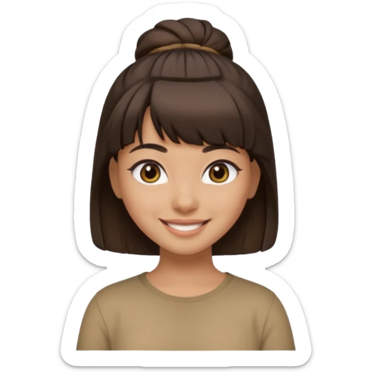 In Apple Memoji format, a girl with dark brown hair. She has bangs and her hair is in a singular high bun. The girl is arab and has light brown skin. She is wearing a brown shirt. She is smiling but is not showing her teeth.  sticker