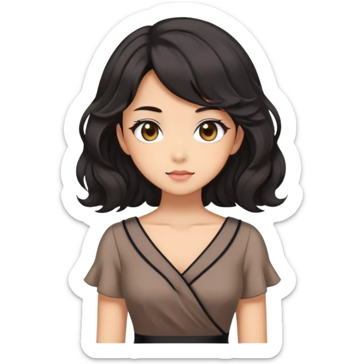 Cute kawaii gorgeous anime lady with black wavy hair wearing a soft feminine dress but looking confident like a boss lady sticker