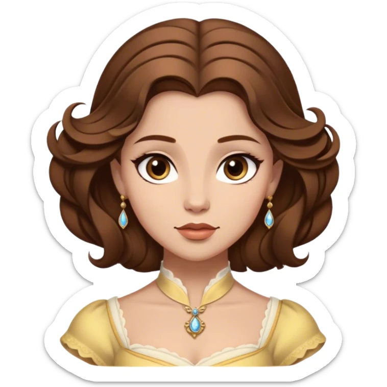 Cinematic Realistic Belle Portrait, depicted with lifelike skin texture, soft natural lighting, and intricately detailed brown hair styled elegantly. Her deep, expressive eyes exude warmth and intelligence, complemented by a serene and graceful expression. She is dressed in her classic attire, with rich fabric textures and delicate folds that catch the light beautifully. The portrait features a soft, enchanting glow with a natural, radiant finish, capturing the essence of timeless beauty in a realistic and painterly style, evoking a sense of depth and authenticity. sticker