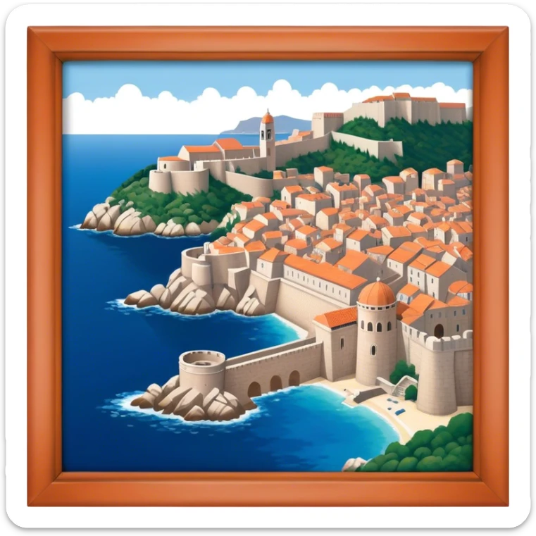 Cinematic Realistic Dubrovnik Landmark Emoji, showcasing the historic walled city with its terracotta rooftops, stone fortifications, and the deep blue Adriatic Sea stretching beyond. sticker