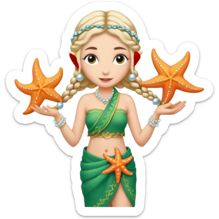 elf female Sarong with bioluminescent embroidery, armful of starfish, hair in a braid with pearl pins sticker