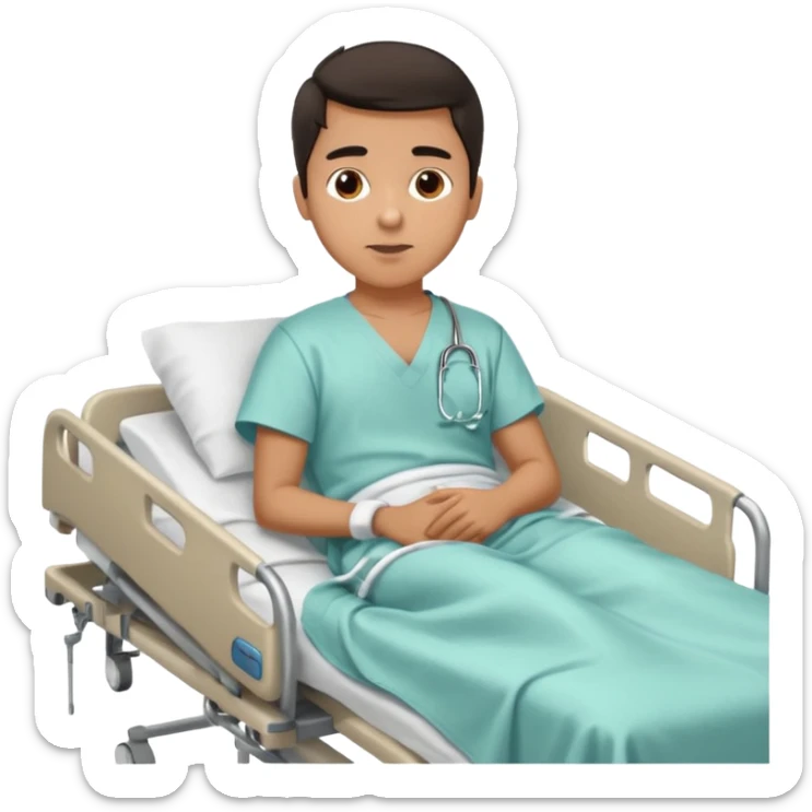 A young hispanic guy lies in a hospital bed because of a broken leg. sticker
