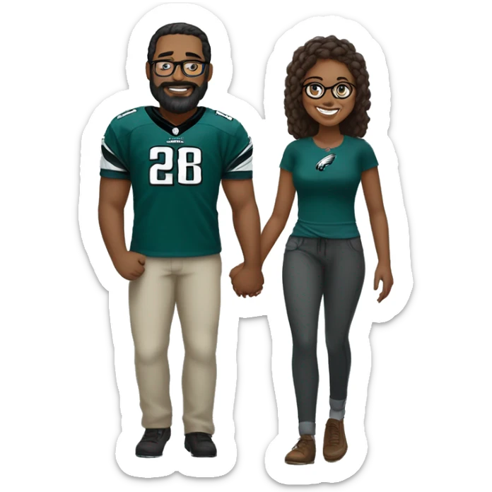 Stalky Brown guy with beard mustache and brown girl with glasses and her hair in a bun in Philadelphia eagles clothes holding hands sticker