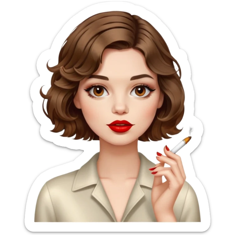 Alluring French girl french shiny brown wavy textured bob haircut tousled hair red lips smoking cigarette sticker