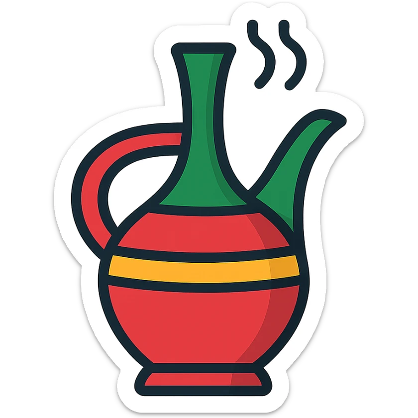 stylized icon of Ethiopian coffee pot jebena with steam, clean lines, simple colors sticker