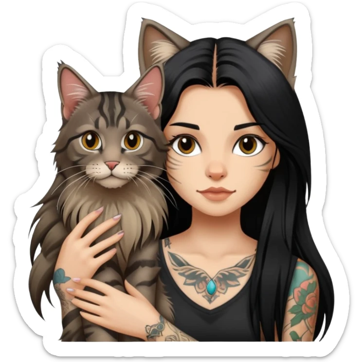 girl with long black  straight hair and tattoos and a tabby Maine coon cat sticker
