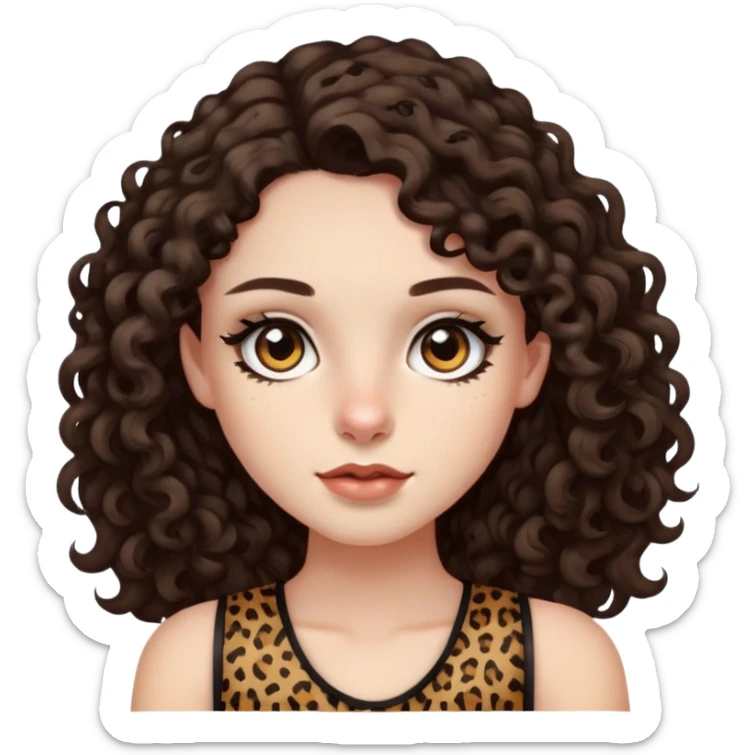 pale girl with dark brown eyes and long curly dark brown hair with leopard print sleeveless shirt  sticker