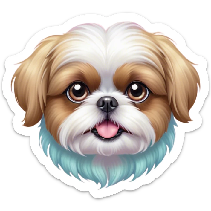 Cinematic Comical Shih Tzu Portrait Emoji, Head cocked with a hilariously exaggerated, shocked expression and twinkling, comically wide eyes, showcasing a fluffy, luxurious fur in soft pastel tones, simplified yet whimsically detailed, glowing with a playful, sassy radiance, high shine, exuding a humorous and cheeky charm, styled with a soft glowing outline, capturing the essence of a Shih Tzu that looks as if it could burst into a fit of playful antics at any moment! sticker