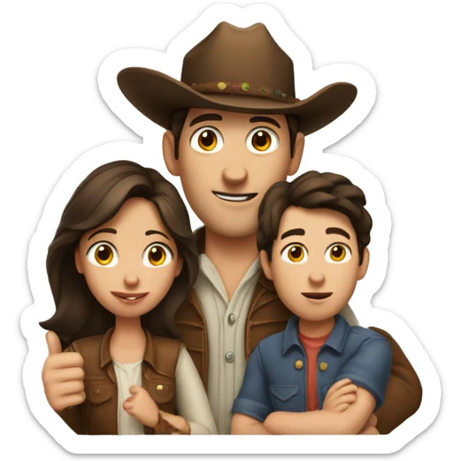 A family of 3, a cowboy dad, dark brown haired freckled mom and boy sucking his thumb sticker