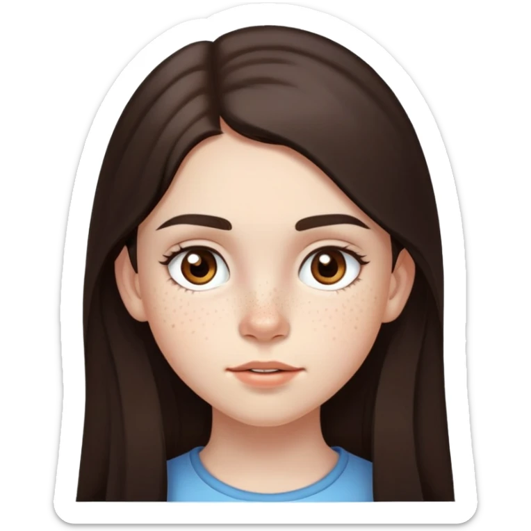 A 12-year-old girl with very long dark brown hair, light brown eyes, thick eyebrows, slightly big lips, with only two freckles - just one small freckle on her cheek and one small freckle under her eye sticker